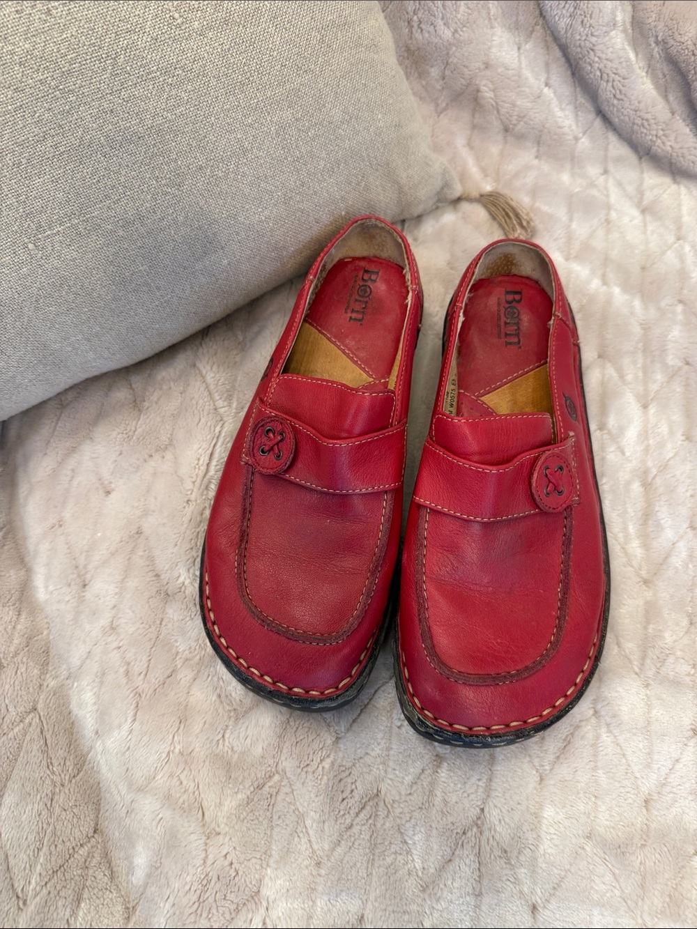 Born Red Leather Slip-On Loafers with Button Accent